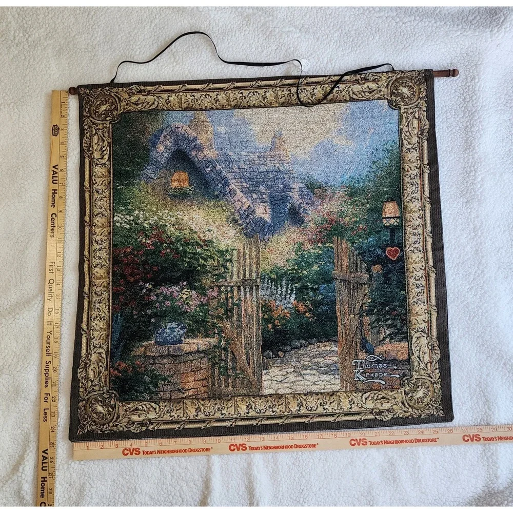 Thomas Kinkade Tapestry Wall Hanging Hidden Cottage Garden with Hanging Rod